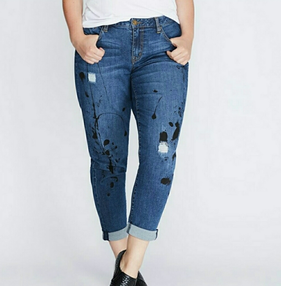 Lane Bryant Blue Boyfriend Jeans with Black Paint Accents